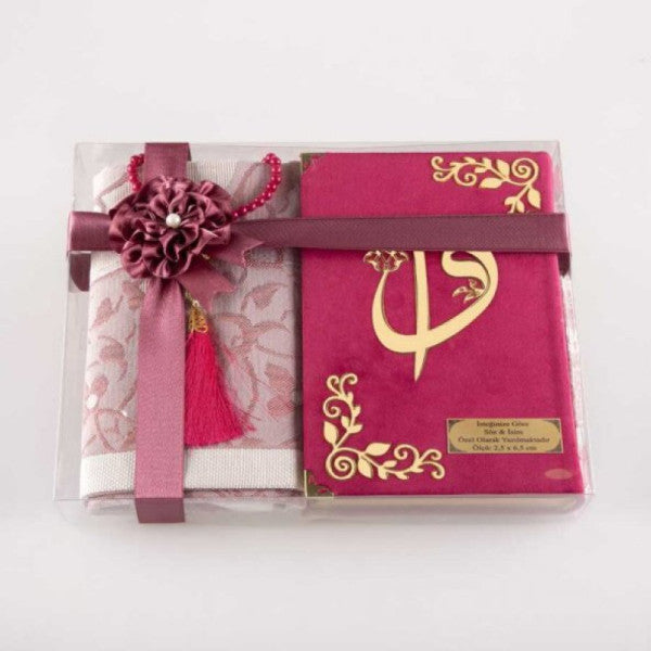 Prayer Mat + Prayer Beads + Quran Gift Set (Hafiz Size, Velvet, Fuchsia Pink)