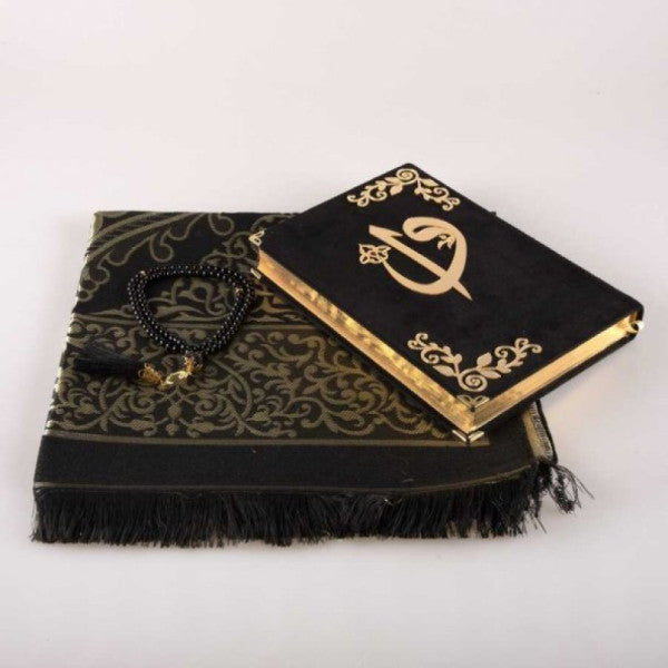 Prayer Mat + Prayer Beads + Quran Gift Set (Medium Size, Velvet, Black)