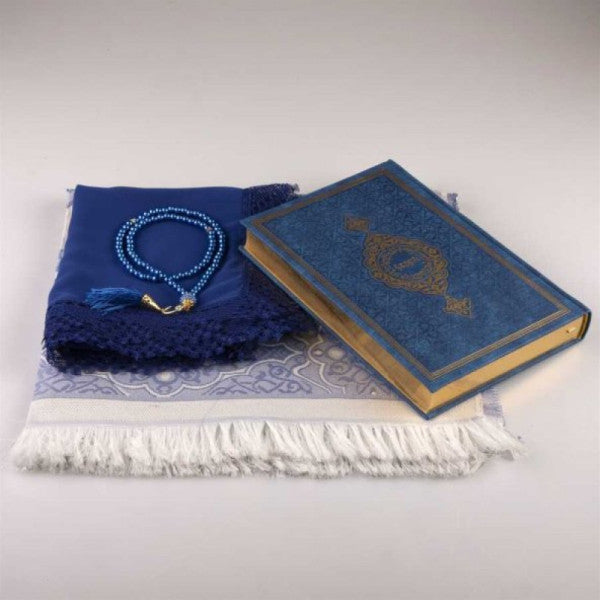 Shawl + Prayer Rug + Prayer Beads + Quran Gift Set (Medium Size, Navy Blue)
