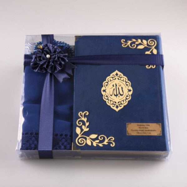Shawl + Prayer Rug + Prayer Beads + Quran Gift Set (Medium Size, Velvet, Navy Blue, Lafzatullah)