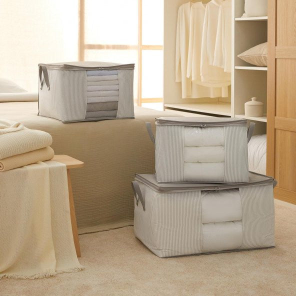 Ocean Home Textile 3 Pieces Stuff & Things Gray Striped Storage Bag Set with PVC Window