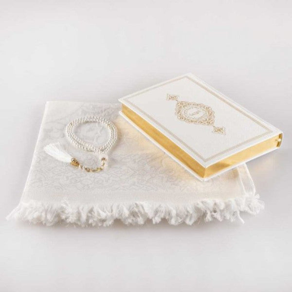 Prayer Mat + Prayer Beads + Quran Gift Set (Medium Size, White)