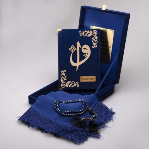 Shawl + Prayer Beads + Quran Set (Bag Size, Plaque Boxed, Dark Blue)