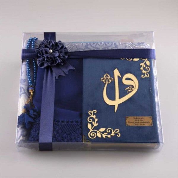 Shawl + Prayer Rug + Prayer Beads + Quran Gift Set (Hafiz Size, Velvet, Navy Blue)