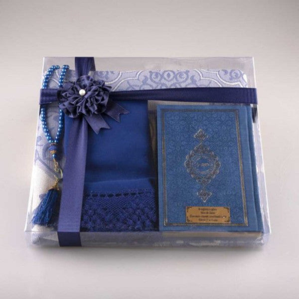 Shawl + Prayer Rug + Prayer Beads + Quran Gift Set (Bag Size, Navy Blue)