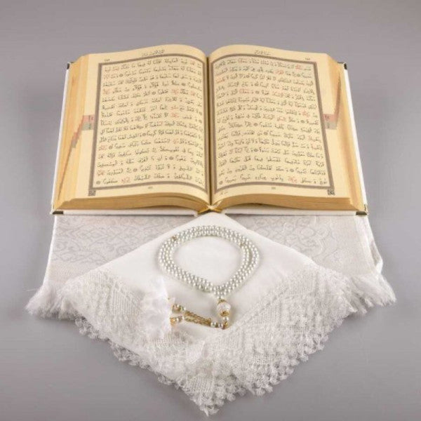 Shawl + Prayer Rug + Prayer Beads + Quran Gift Set (Medium Size, Velvet, White)