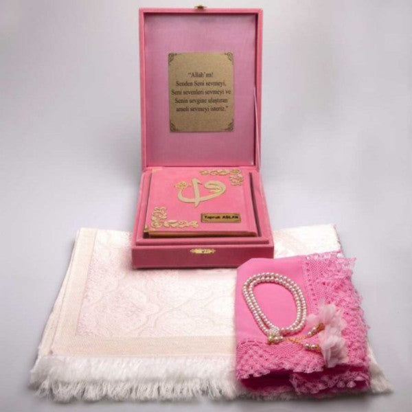 Shawl + Prayer Rug + Prayer Beads + Quran Set (Medium, Plaque Box, Powder Pink)