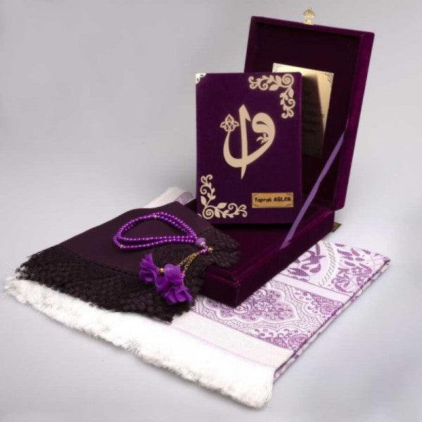 Shawl + Prayer Rug + Prayer Beads + Quran Set (Rahle Size, Plaque Box, Purple)
