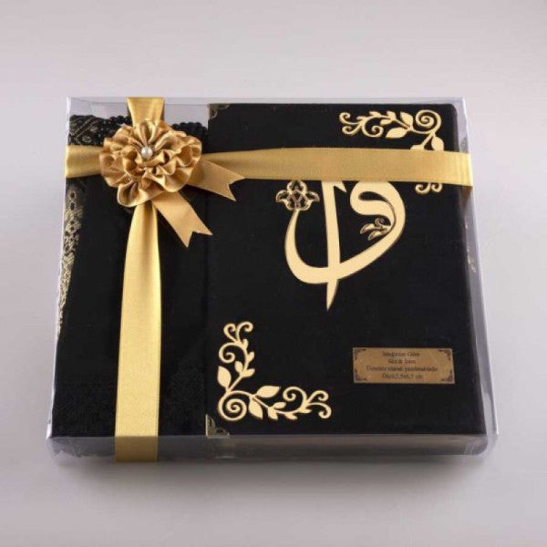 Shawl + Prayer Rug + Prayer Beads + Quran Gift Set (Medium Size, Velvet, Black)