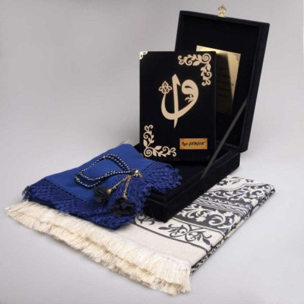 Shawl + Prayer Rug + Praying Beads + Quran Set (Medium, Plaque Boxed, Navy Blue)