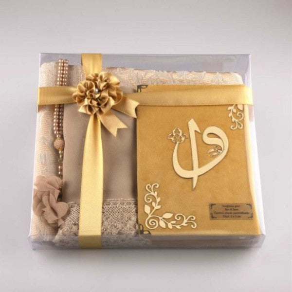 Shawl + Prayer Rug + Prayer Beads + Quran Gift Set (Hafiz Size, Velvet, Gold)