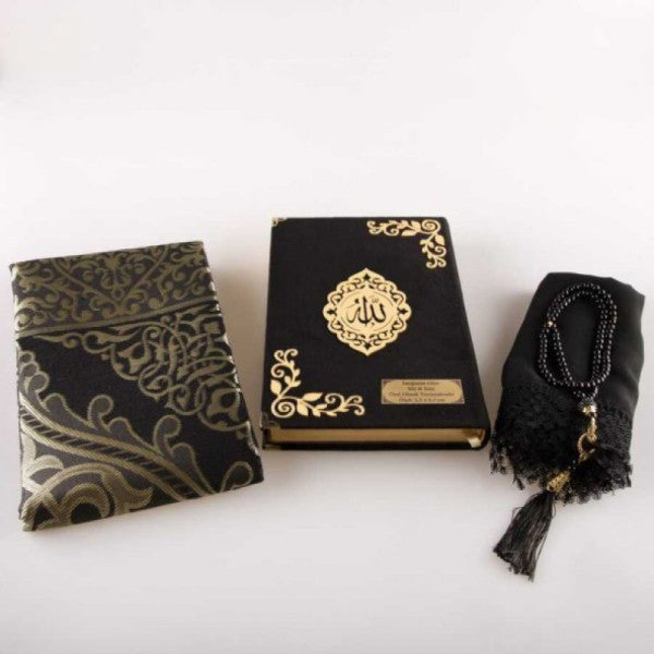Shawl + Prayer Rug + Prayer Beads + Quran Gift Set (Hafiz Size, Velvet, Black)