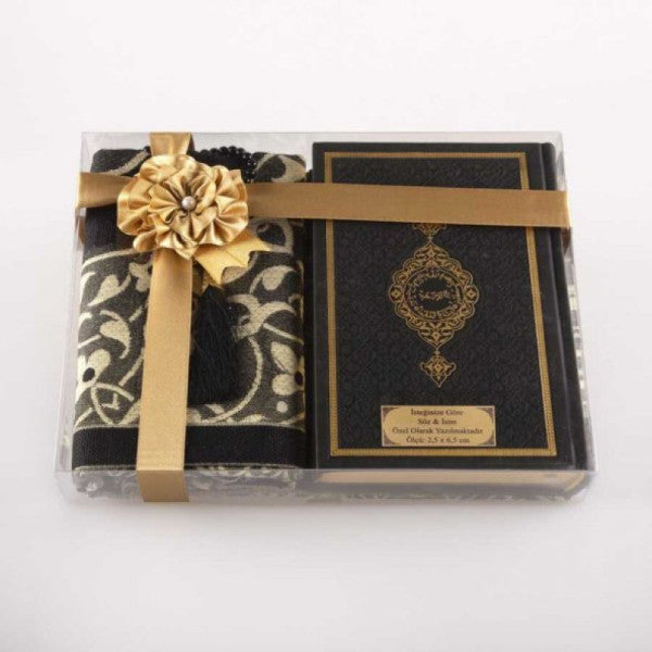 Prayer Mat + Prayer Beads + Quran Gift Set (Bag Size, Black)