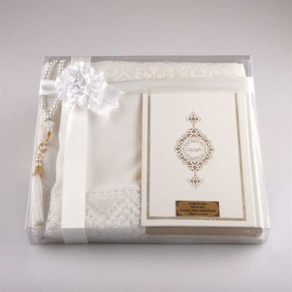 Shawl + Prayer Rug + Prayer Beads + Quran Gift Set (Hafiz Size, White)