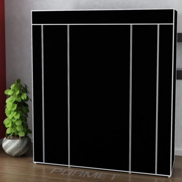 Metal Profile Cloth Wardrobe with Double Side Shelves and Hangers - Black