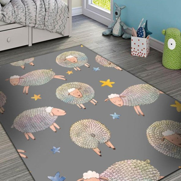 Frenda Home Sheep Patterned Non-Slip Leather Base Kids And Baby Carpet Gray 80X300