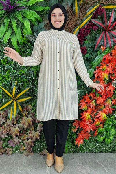 WOMEN'S BROOCHED STRIPED LINEN HIJAB SHIRT
