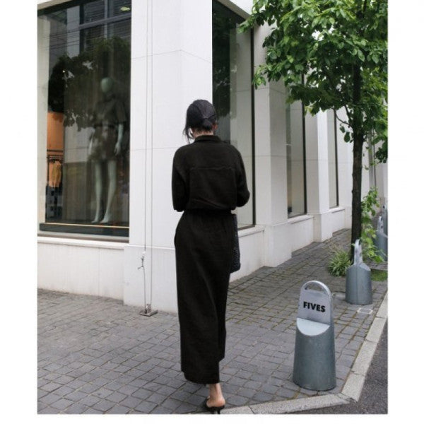 Barbora Linen Daily Comfortable Waist Lace Detailed Long Sleeve Dress LN07BLACK