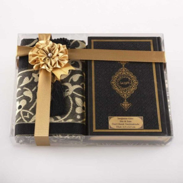 Prayer Mat + Prayer Beads + Quran Gift Set (Hafiz Size, Black)