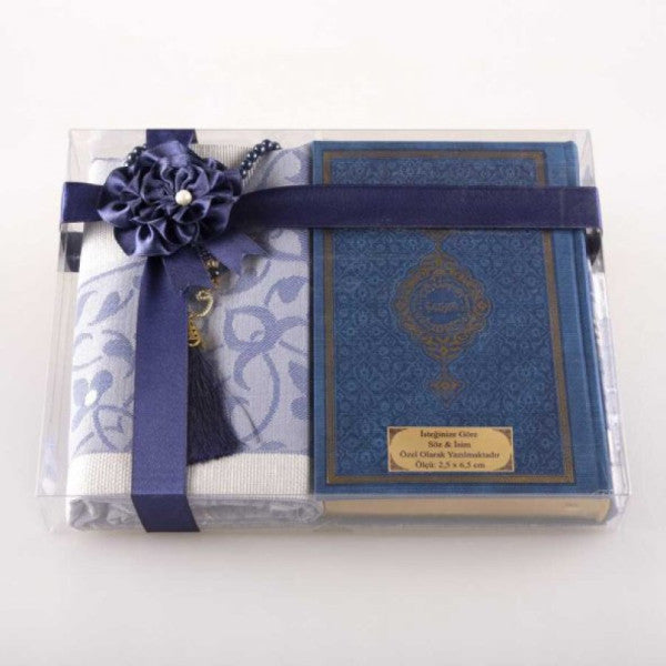 Prayer Rug + Prayer Beads + Quran Gift Set (Hafiz Size, Navy Blue)