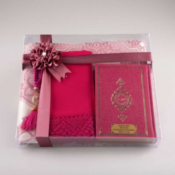 Shawl + Prayer Rug + Prayer Beads + Quran Gift Set (Bag Size, Fuchsia Pink)