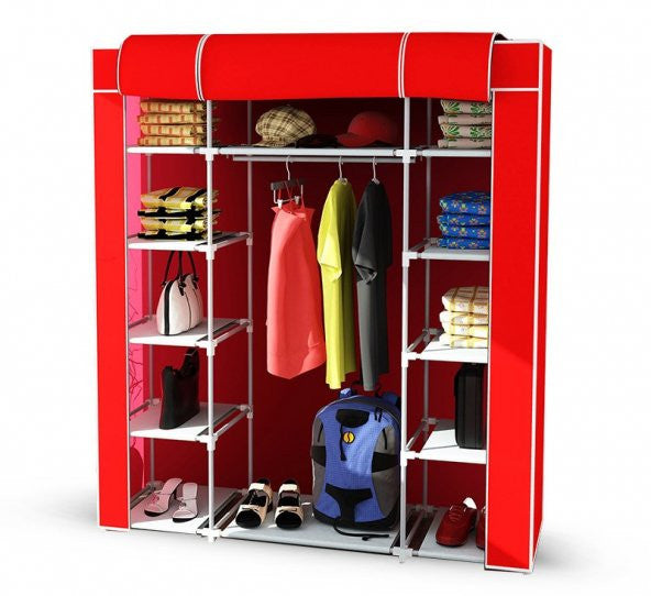 Hanging Cloth Wardrobe With Double Side Shelves - Red