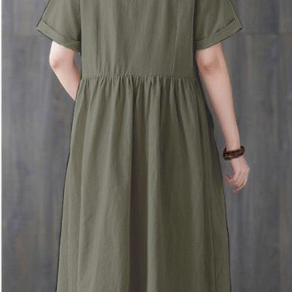 Barbora Linen Daily Comfortable V-neck Waist Gather Detailed Buttoned Dress LN04khaki