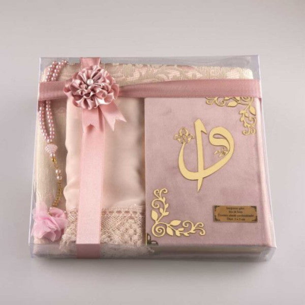 Shawl + Prayer Rug + Prayer Beads + Quran Gift Set (Hafiz Size, Velvet, Powder Pink)
