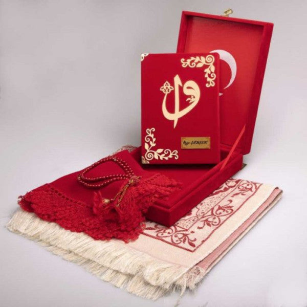 Şal + Dua Halı + Dua Boncukları + Kur'an Seti (Hafiz Boyutu, Plak, Kırmızı)