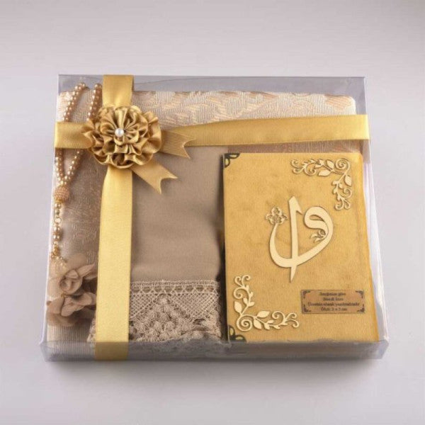 Shawl + Prayer Rug + Prayer Beads + Quran Gift Set (Bag Size, Velvet, Gold)