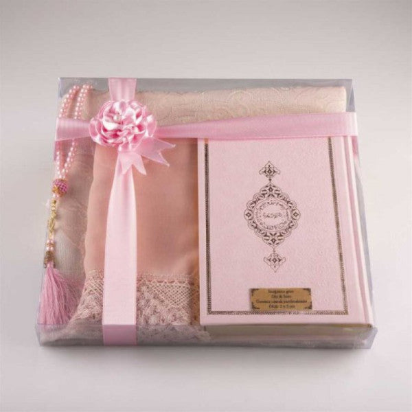 Shawl + Prayer Rug + Prayer Beads + Quran Gift Set (Hafiz Size, Powder Pink)