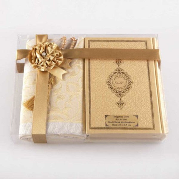 Prayer Mat + Prayer Beads + Quran Gift Set (Hafiz Size, Gold)