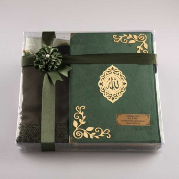 Shawl + Prayer Rug + Prayer Beads + Quran Set (Medium Size, Velvet, Z. Green)