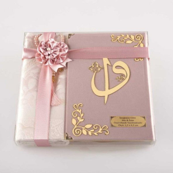 Prayer Mat + Prayer Beads + Quran Gift Set (Medium Size, Velvet, Powder Pink)