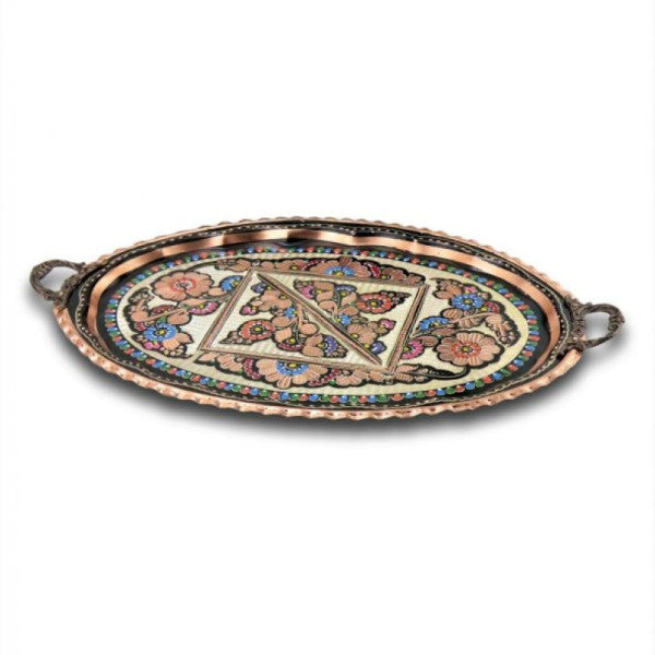 Morya Copper Tray Oval Thick Rose Flower Pattern 45 Cm