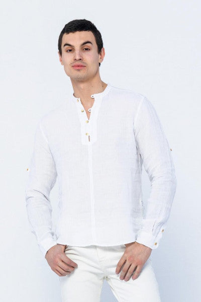 Men's Regular Fit Half-Flat Buttoned 100% Linen Long Sleeve and Fold Sleeve Shirt