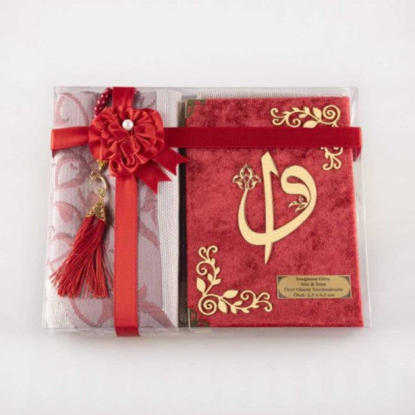 Prayer Mat + Prayer Beads + Yasin Gift Set (Bag Size, Red)