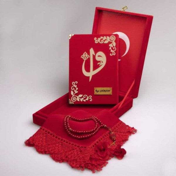 Şal + dua boncukları + Kur'an seti (çanta boyutu, plak kutulu, kırmızı)