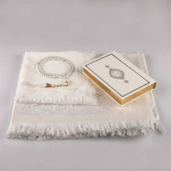 Shawl + Prayer Mat + Prayer Beads + Quran Gift Set (Bag Size, White)