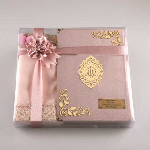 Shawl + Prayer Rug + Prayer Beads + Quran Gift Set (Hafiz Size, Velvet, Pink)