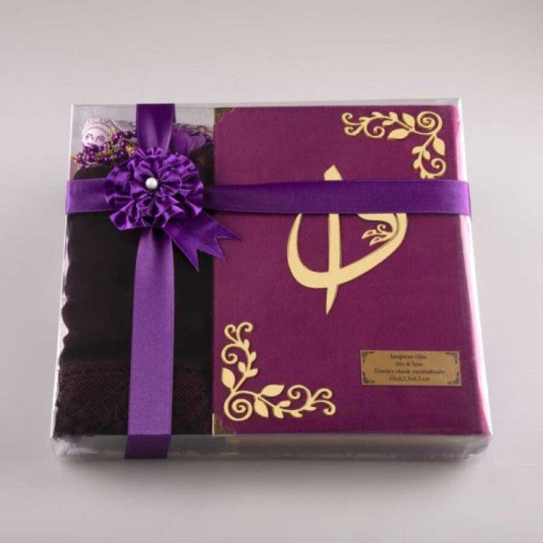 Shawl + Prayer Rug + Prayer Beads + Quran Gift Set (Medium Size, Velvet, Purple)