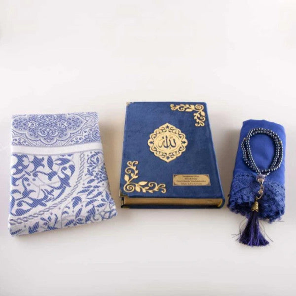 Shawl + Prayer Rug + Prayer Beads + Quran Set (Hafiz Size, Velvet, Navy Blue)