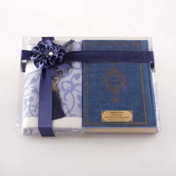 Prayer Mat + Prayer Beads + Quran Gift Set (Bag Size, Navy Blue)