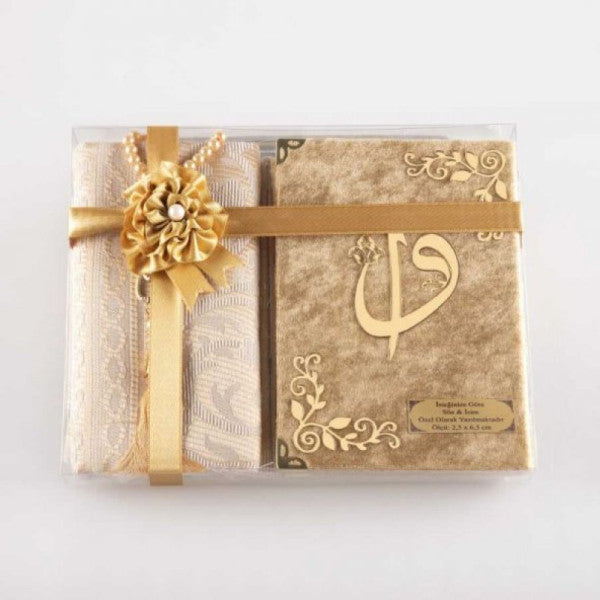 Prayer Mat + Prayer Beads + Yasin Gift Set (Bag Size, Gold)