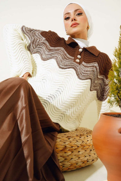 Three Button Colorful Knitwear Sweater Brown