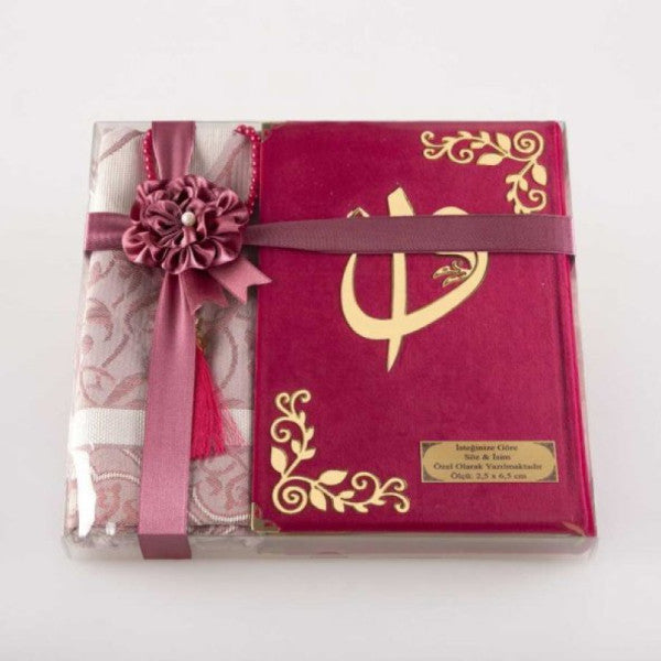 Prayer Mat + Prayer Beads + Quran Gift Set (Medium Size, Velvet, Fuchsia Pink)
