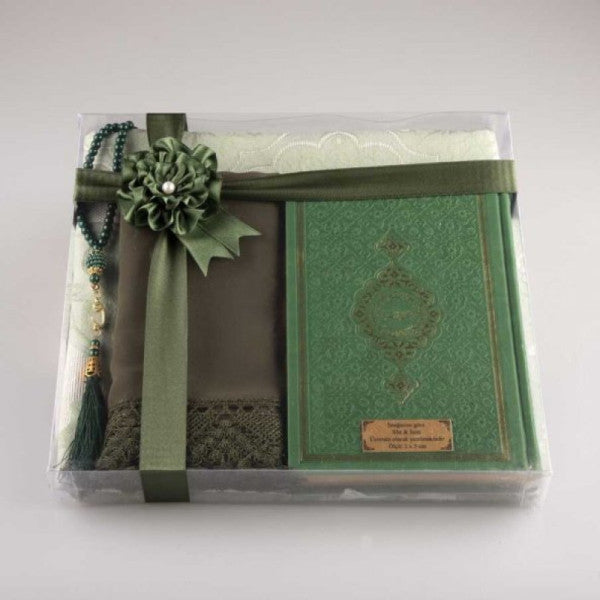 Shawl + Prayer Rug + Prayer Beads + Quran Gift Set (Hafiz Size, Green)