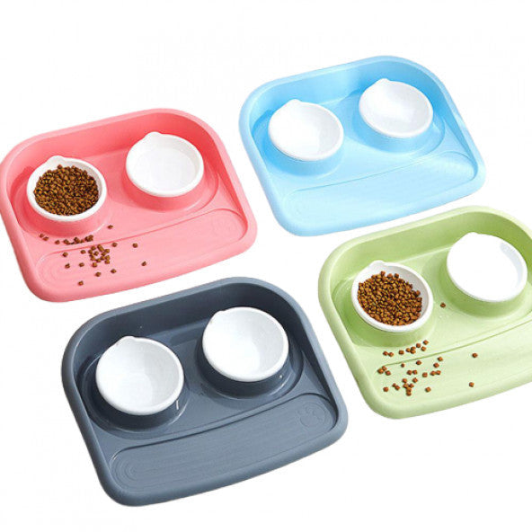 Cat Dog Tray Double Food And Water Bowl Blue