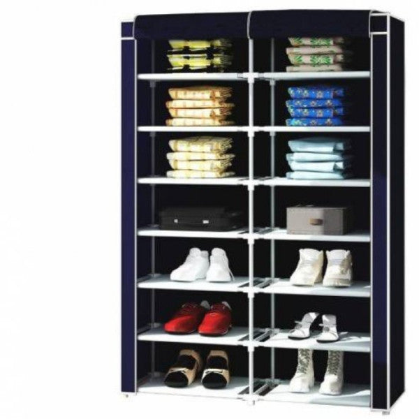 2 Compartment Plastic Cloth Wardrobe, Cloth Shoe Rack - Navy Blue