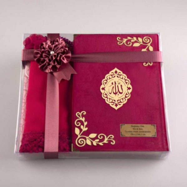 Shawl + Prayer Rug + Prayer Beads + Quran Set (Hafiz Size, Velvet, Fuchsia Pink)